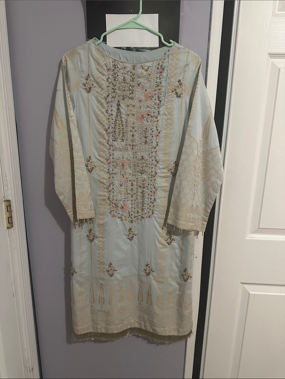 Light Blue Embroidered jacquard lawn shirt 40 length